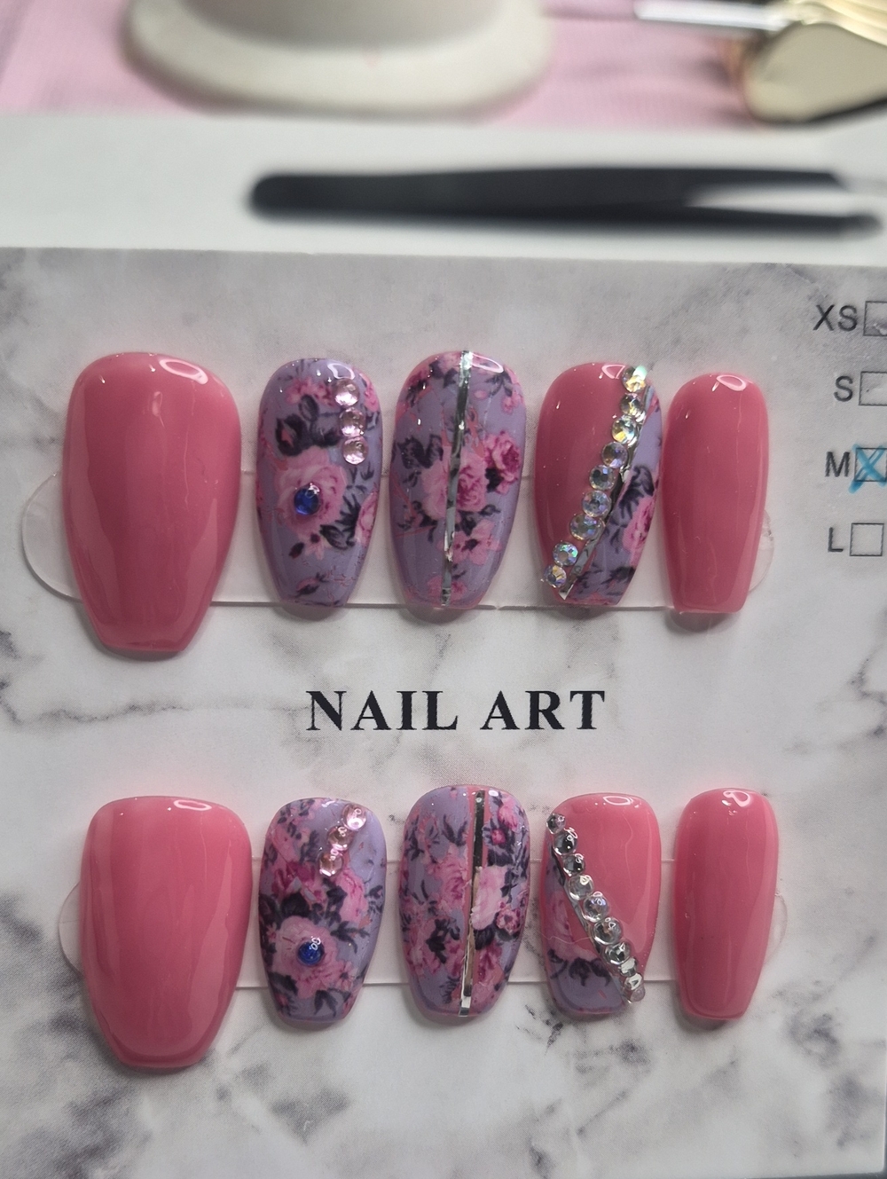Pink Marble & Rhinestone Press-On Nail Set - Women Makeup